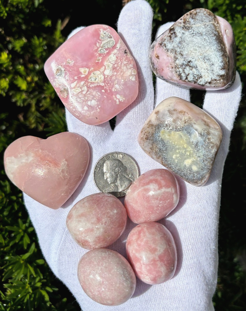 USA SALE 247g LOT PINK OPAL HEART PALMSTONE/XL LARGE TUMBLES, ROUND TUMBLE 8 PCS
