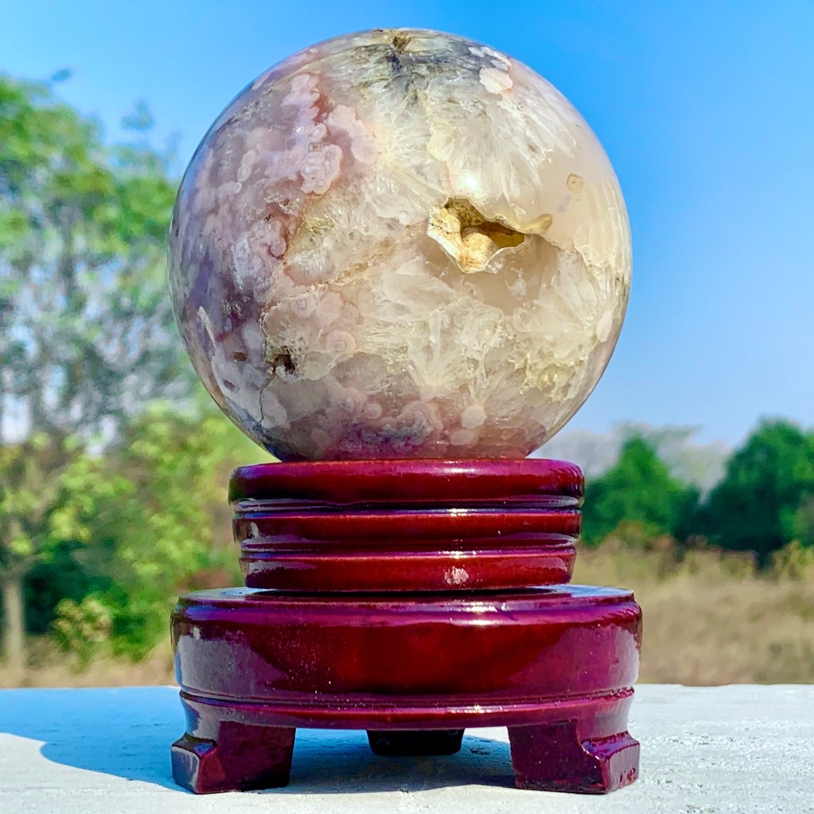 1.92LB Natural Pink Cherry Blossom Agate Geode Quartz Sphere Crystal Energy Ball