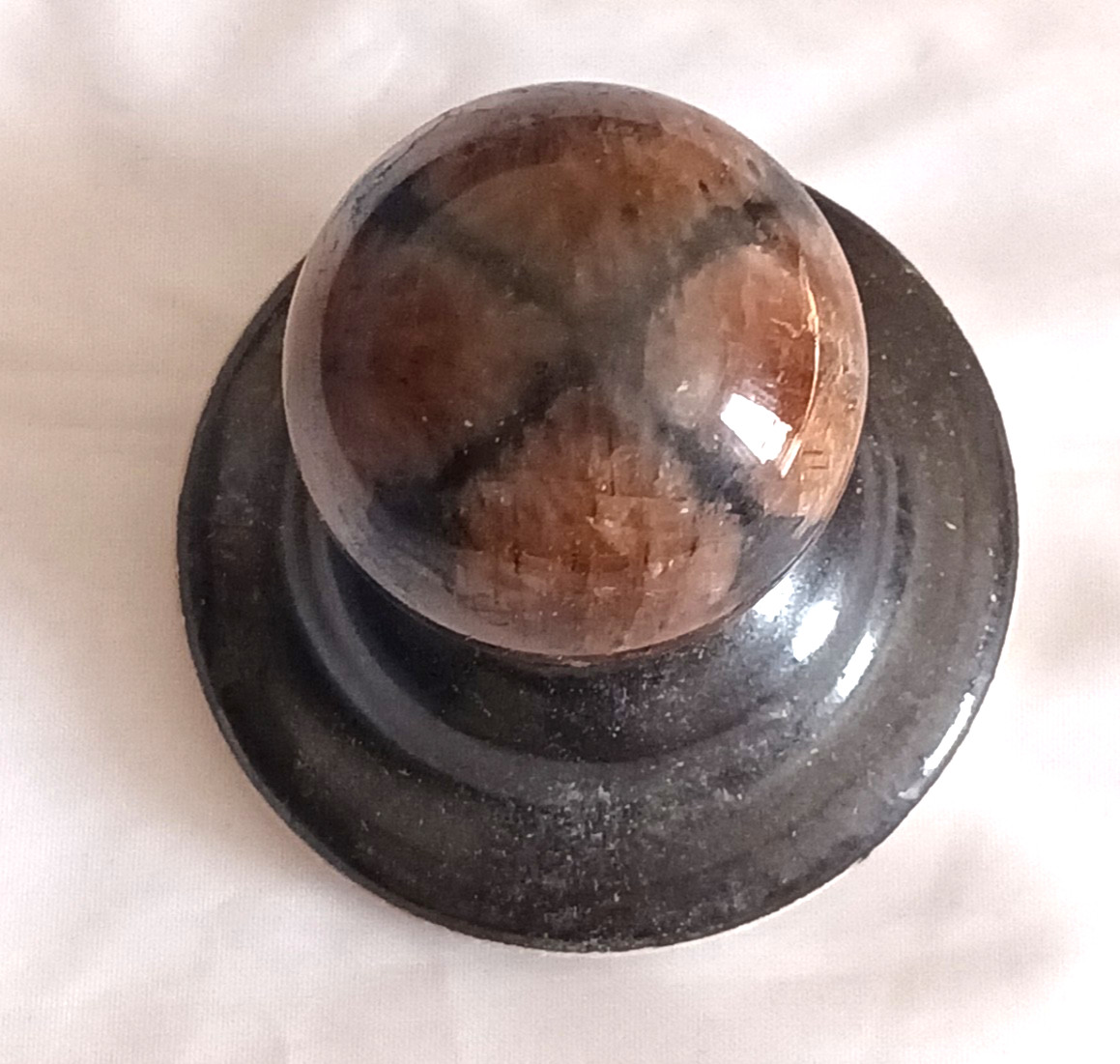 Chiastolite Andalusite 35mm Polished Round Cross Stone with Ceramic Stand