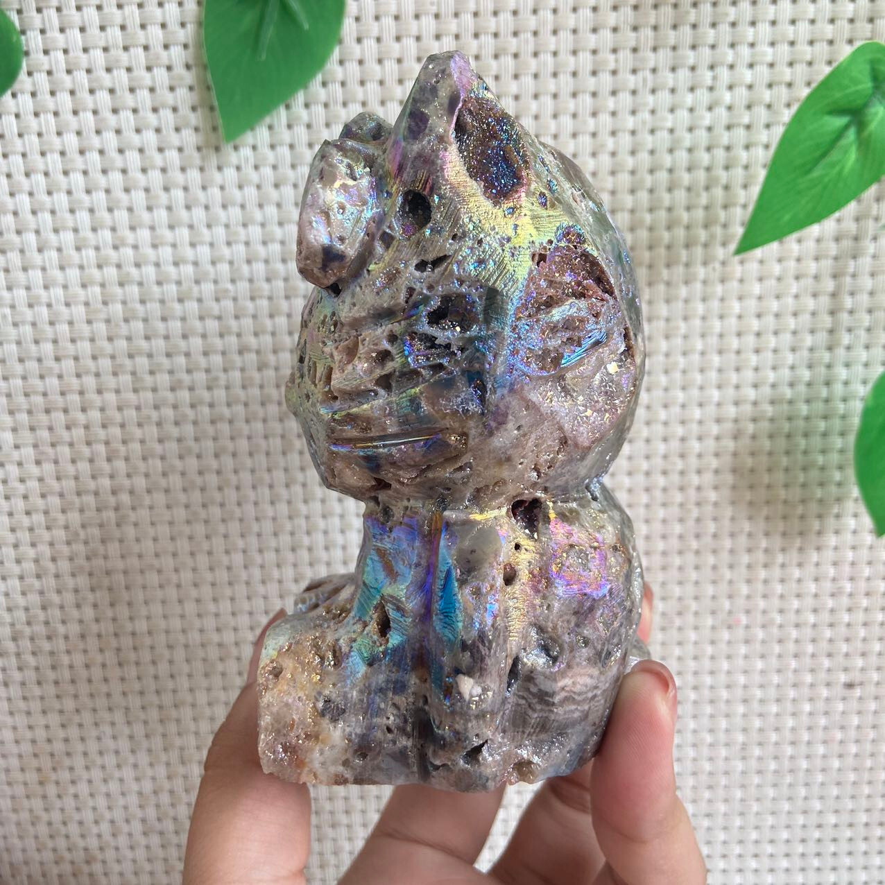 470g Druzy Sphalerite Hello Kitty Cat Carving Titanium Angel Aura Quartz Crystal