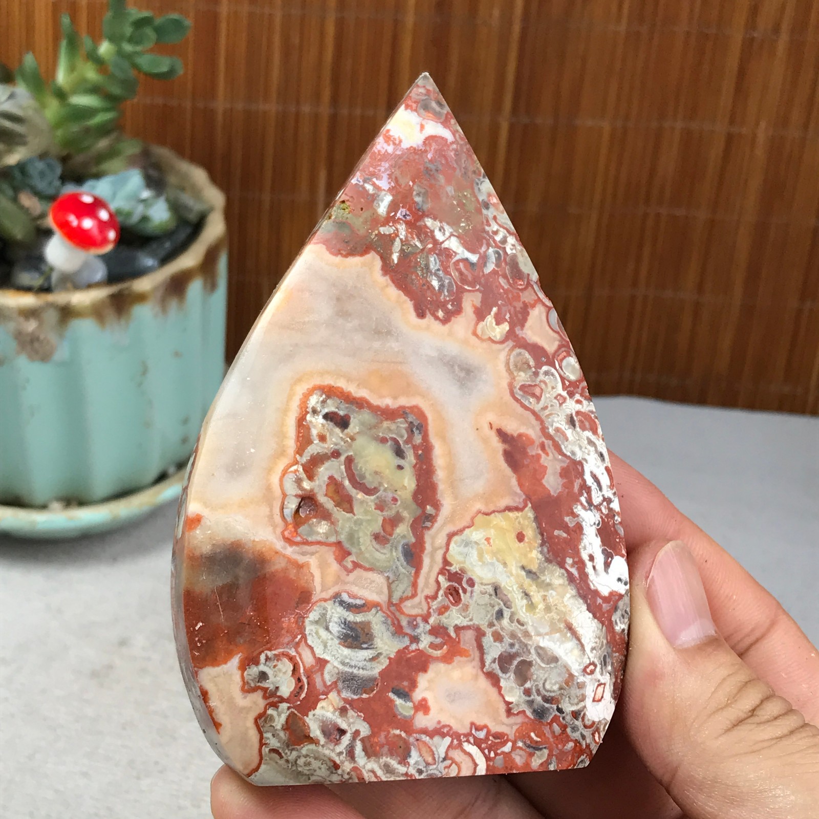 Natural money Mexico agate hand carve leaf Crystal Specimen free standing A6263