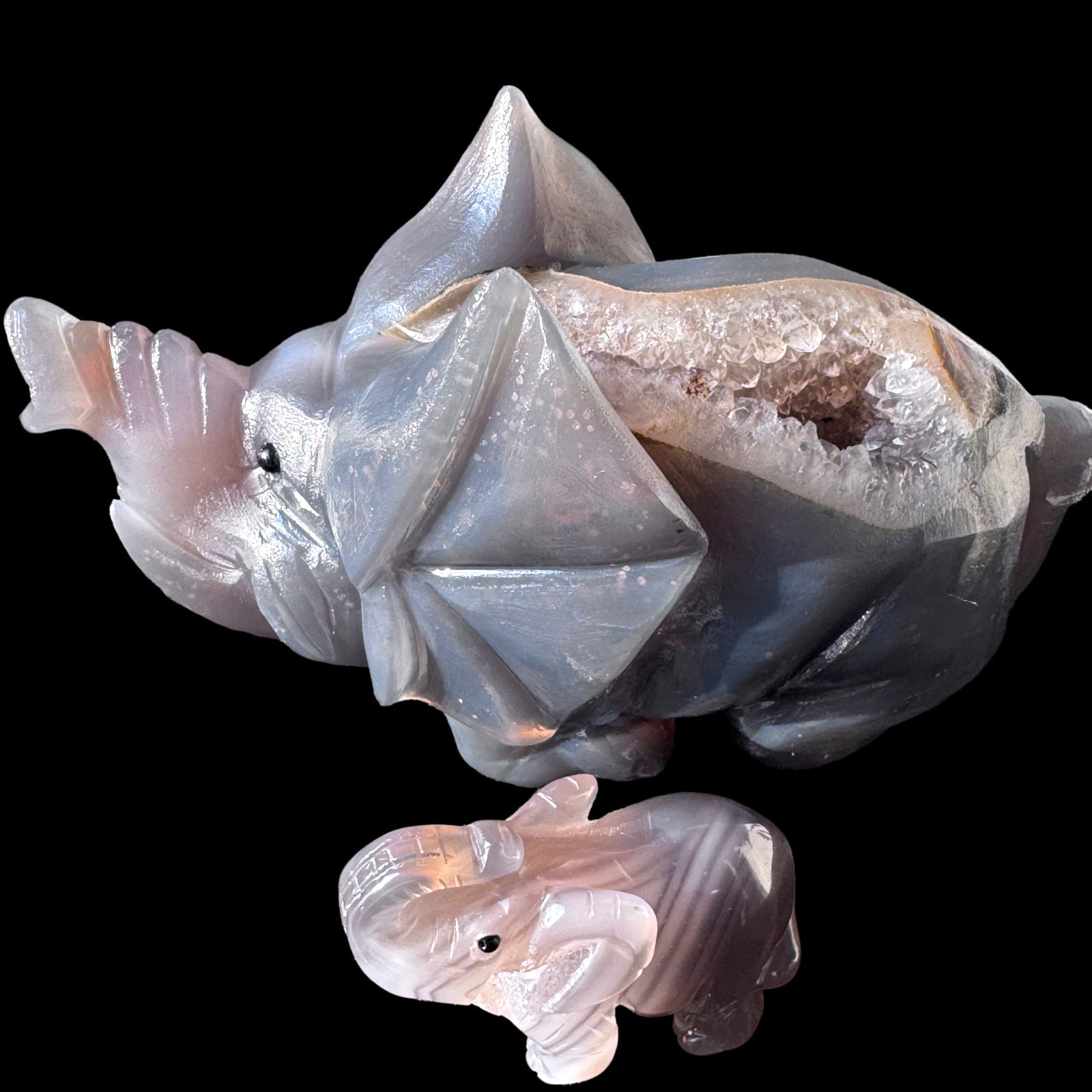 Agate Geode Elephant Sculpture – Carved from a Natural Cave of Stone & Crystal