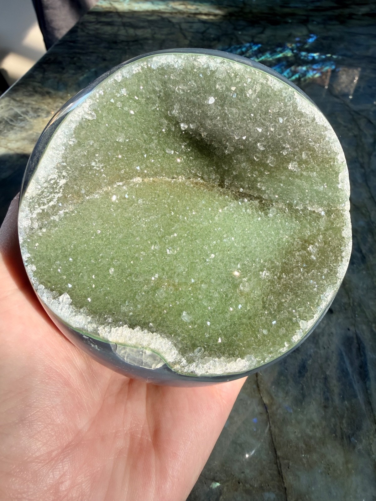 Druzy Green Rainbow Amethyst Sphere with Blue Agate Banding From Uruguay, 4.07″