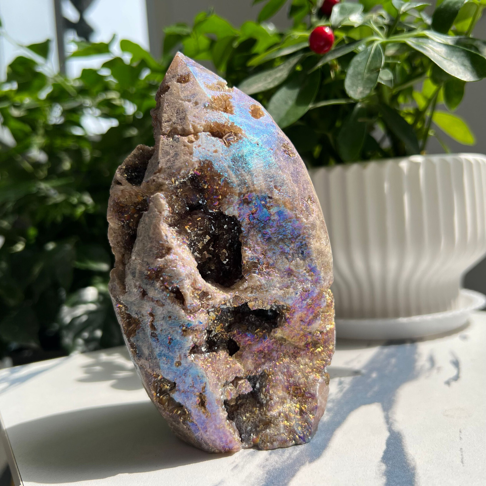 928g Titanium Angel Aura Sphalerite Geode Freeform Point Crystal Specimen