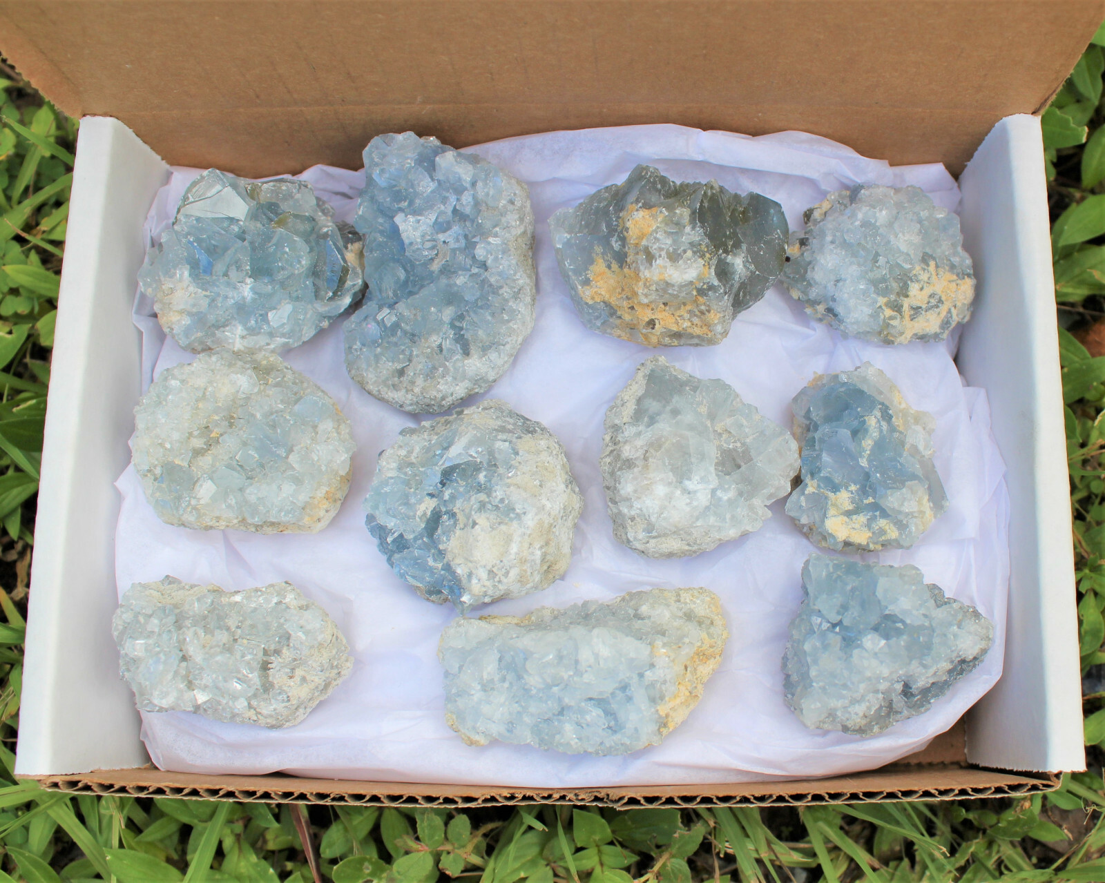 Natural Celestite Clusters – Wholesale Bulk ‘A’ Grade: 10-15 Piece Bulk Box Lot