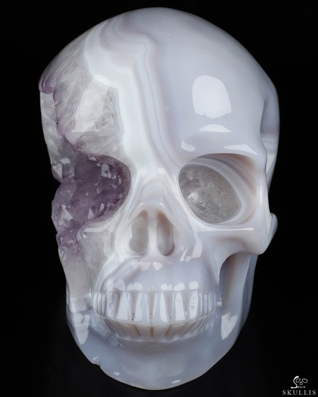 Super Realistic! Lifesized 7.0″ Agate Amethyst Geode Hand Carved Crystal Skull