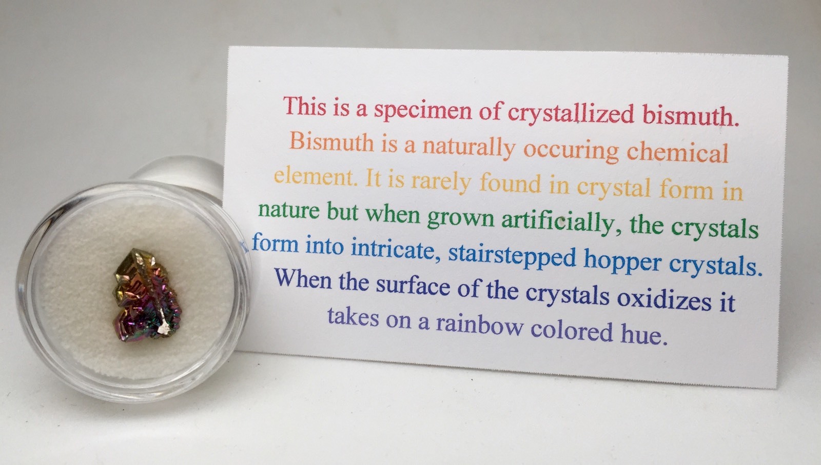 Iridescent Bismuth Specimen Rainbow Hopper Crystal Cluster Mineral w/ ID card