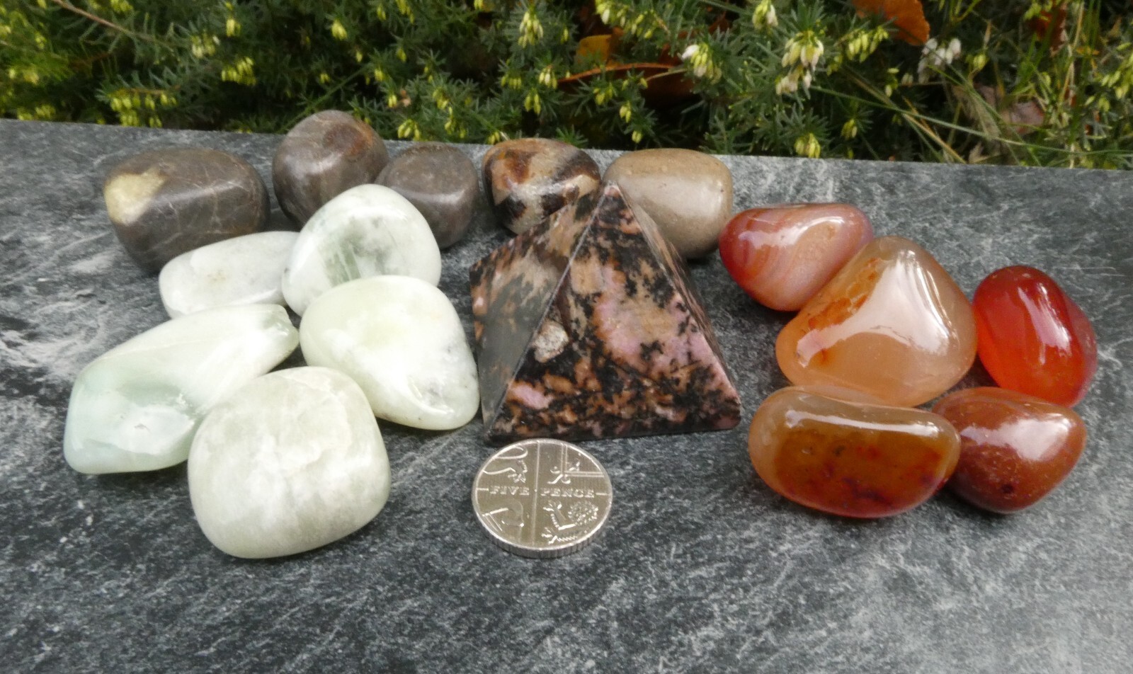 150g Crystal Tumbles 5 Carnelian 5 New Jade 5 Septaria Rhodonite Pyramid