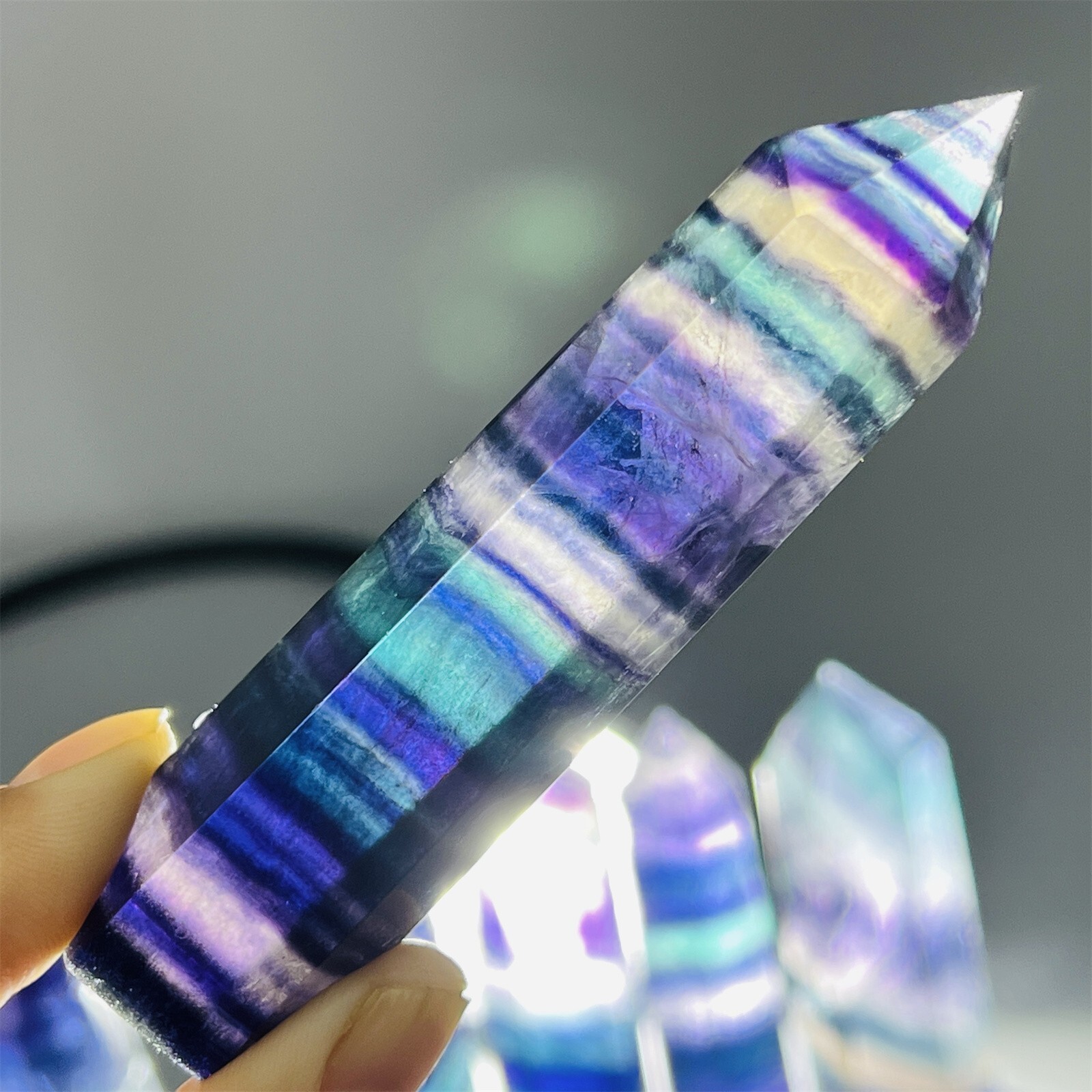 80g+ Natural Rainbow fluorite obelisk gem quartz crystal wand point healing 1pc