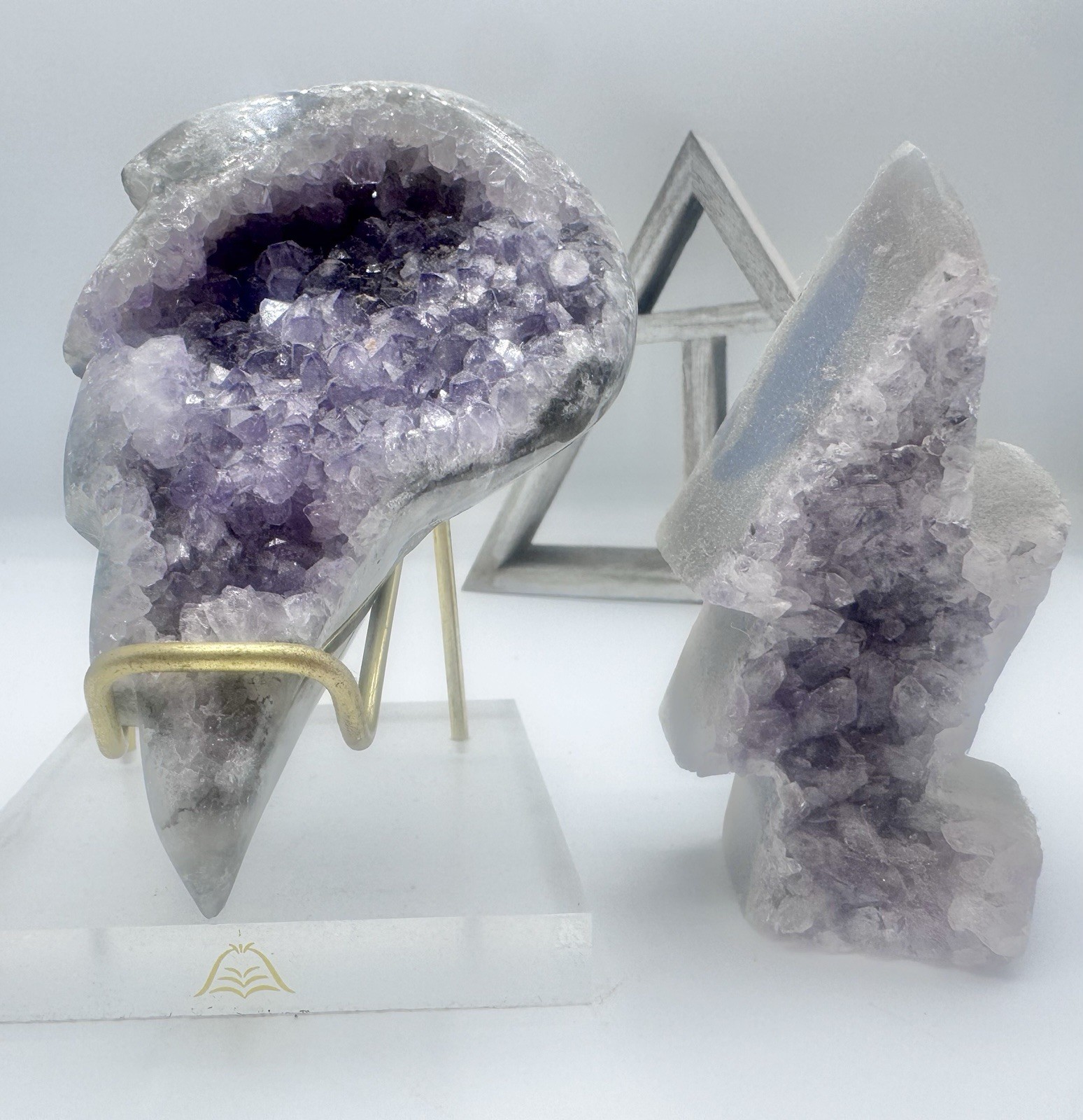 Amethyst Crystal Cluster Geode Angel Wing and Lightning Bolt Set of 2