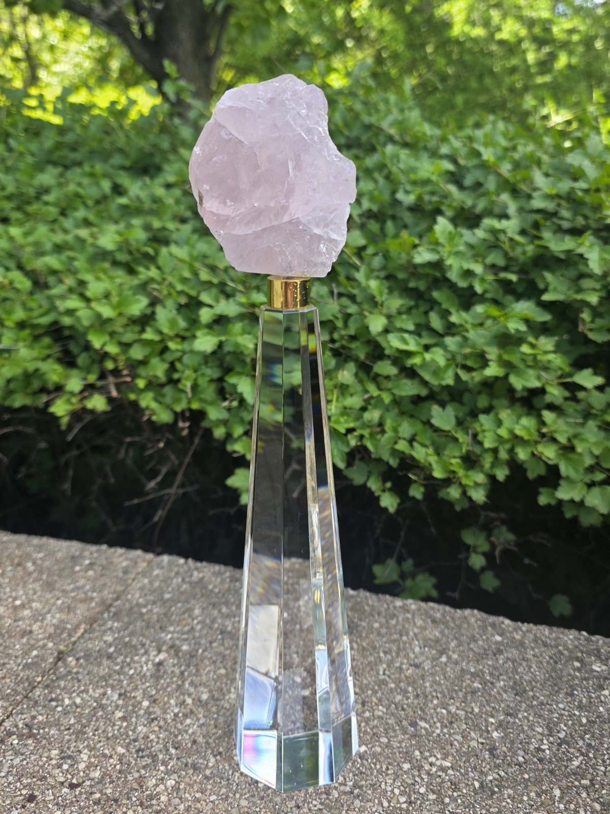 Rose Quartz with Clear Crystal Octagon Faceted Obelisk Tower