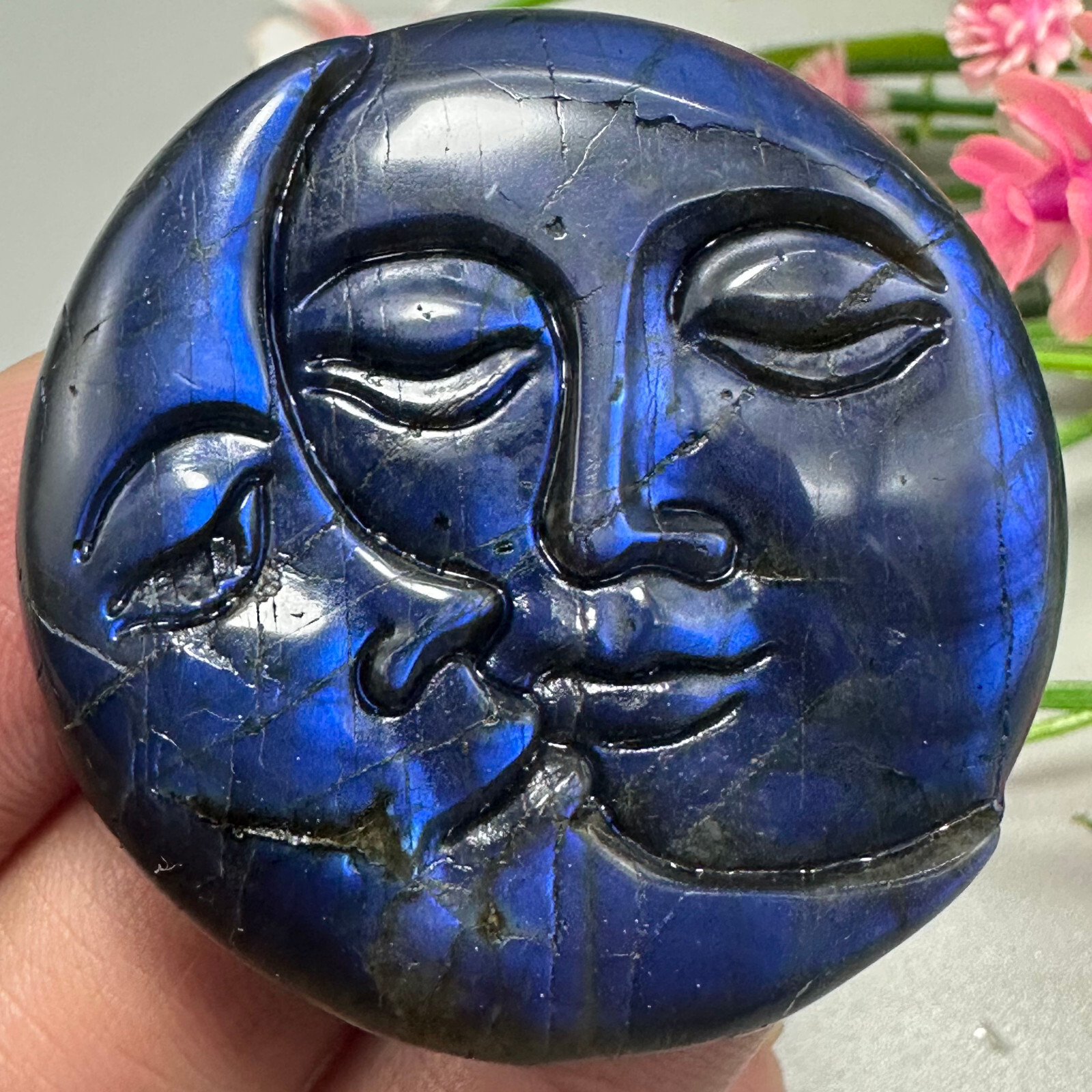 Natural Labradorite Sun Moon Face Quartz Skull Crystal Specimen Reiki Healing