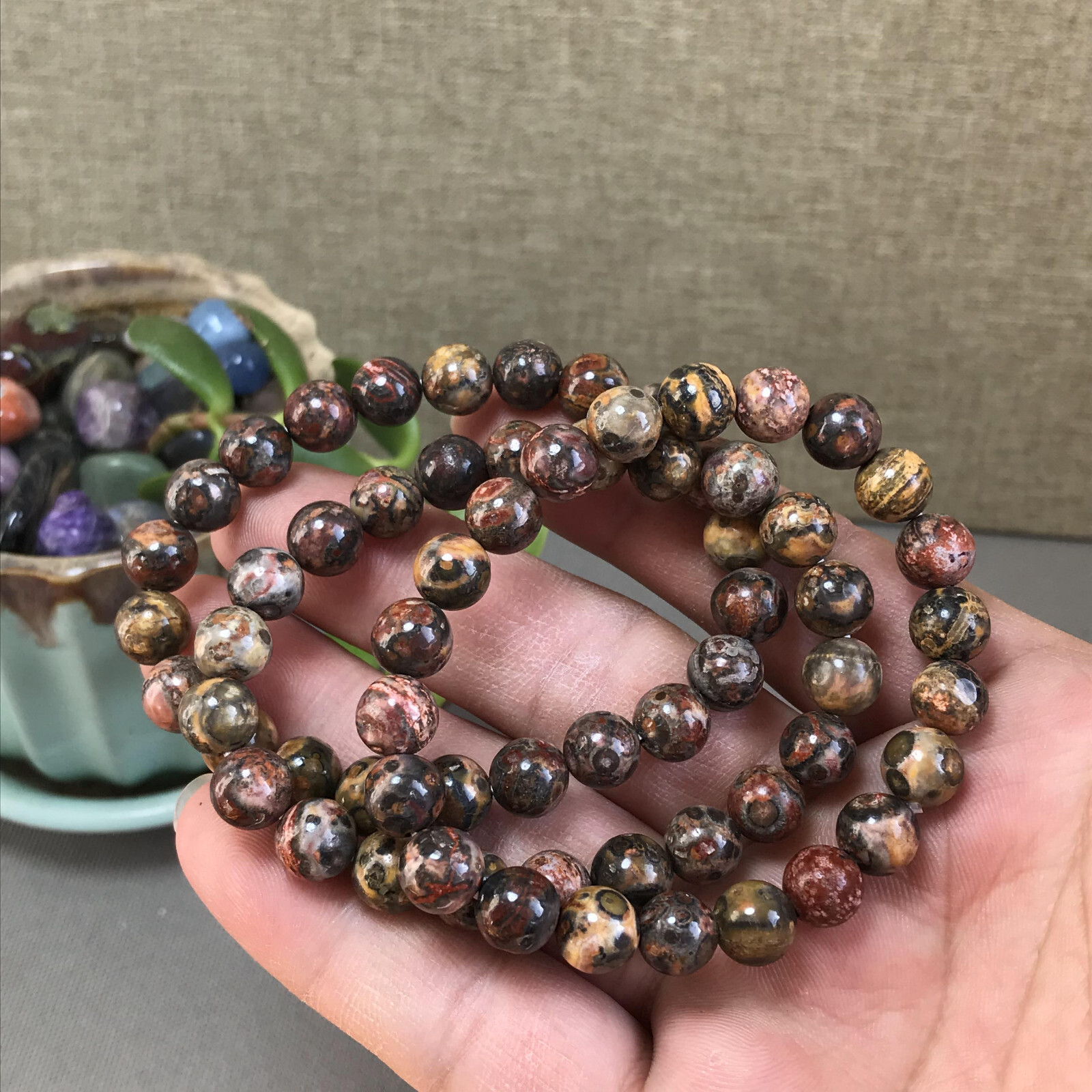 5Pcs Wholesal Natural Polish Leopard stone bracelets Crystal ball sphere 8mm