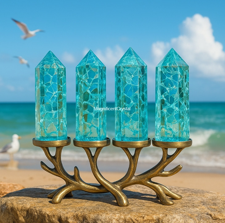 1PC High Quality Blue Crackle Quartz Stone Tower Point Healing Crystal Art Decor