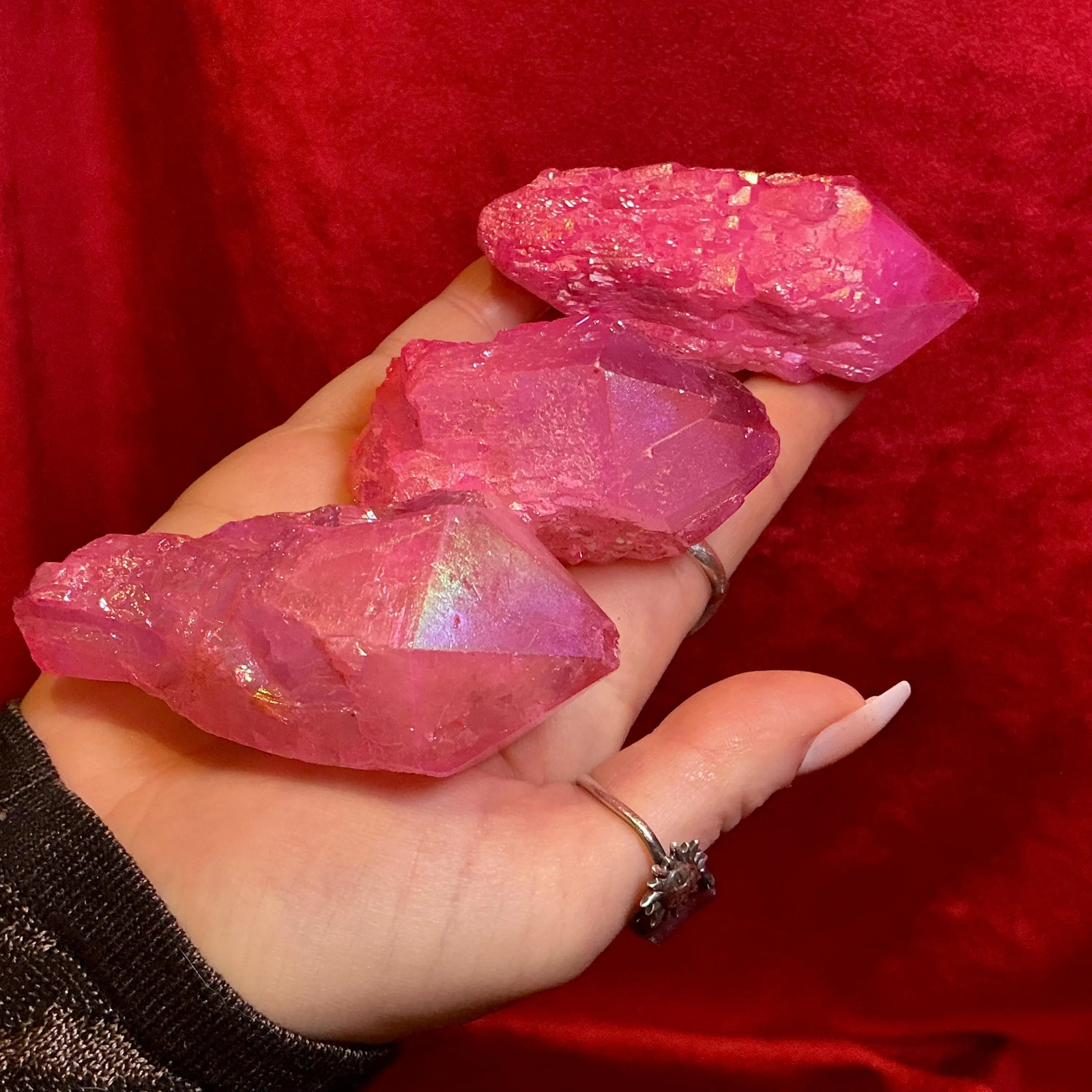 Pink Aura Elestial Quartz Crystal Cluster 3 Piece Set ~ 11 oz. Total Weight