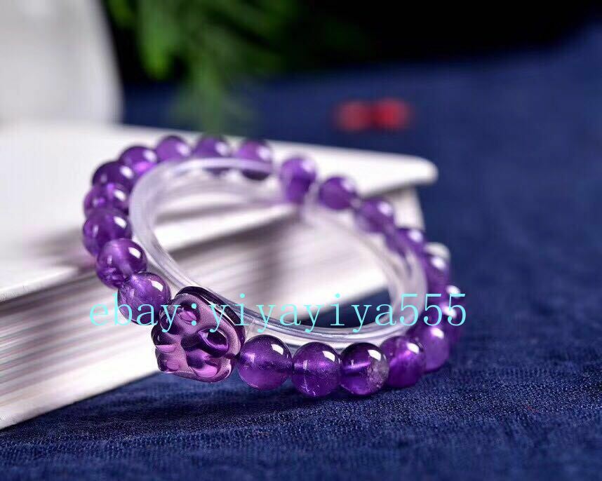 Natural Purple Amethyst Quartz Crystal Beads Bracelet With Carved Cat Paw Claw