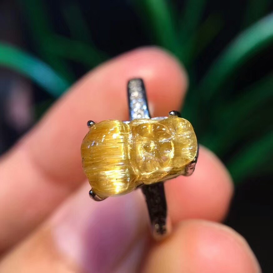 Natural Gold Rutilated Gemstone Silver Adjustable Wealthy Ring 11x8mm 5A