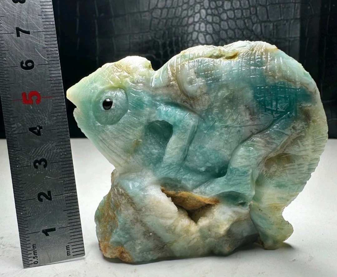 Natural Crystal Mineral Specimen. Amazon Stone. Hand-carved Chameleon Statue