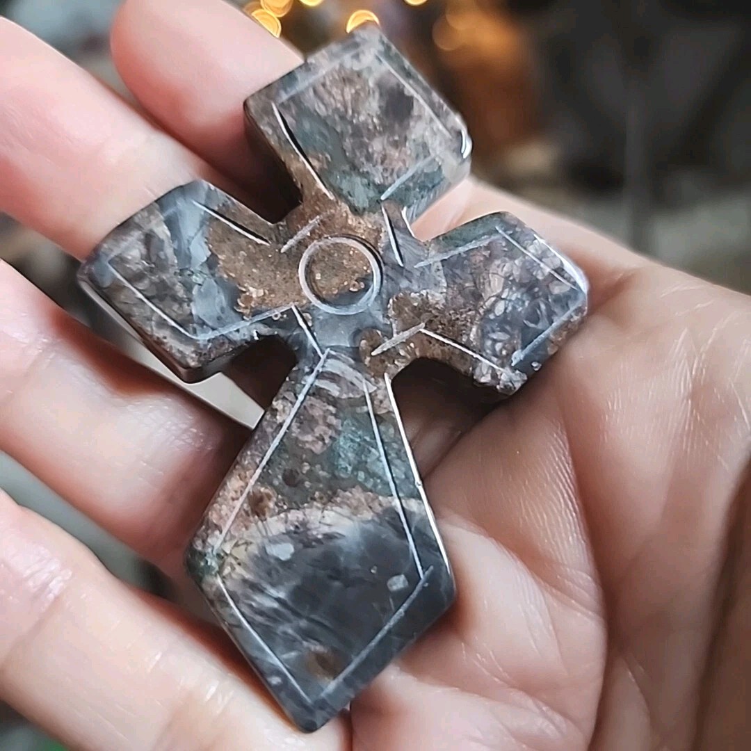 Polished Green Cherry Blossom Jasper Carved Cross – USA