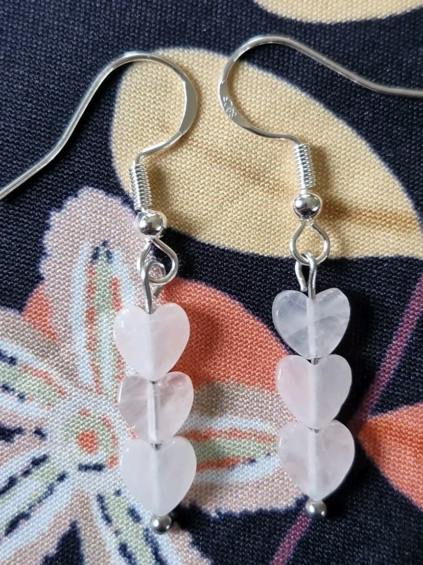 Handmade Rose Quartz Crystal Triple Dangle Heart Earrings 925 Silver Hook