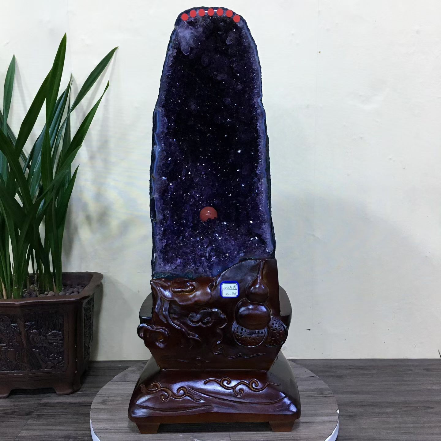 68.6LB Top Natural Amethyst Geode Quartz Crystal Cathedral Healing Decor +Stand