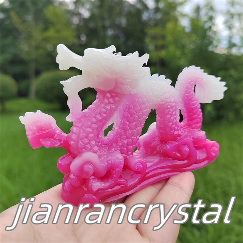 4″ Pink Luminous Stone Sculpture Dragon Resin Decor Skull Chinese Dragon 1pc