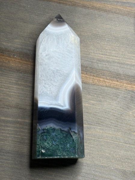 Large Natural Moss Agate in Quartz Crystal Tower White Plume Green Moss 6”