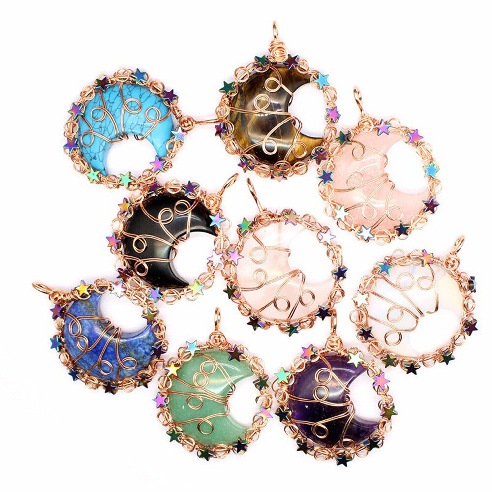 Natural Wire Wrap Crystal Moon Star Pendant Stone Quartz Jewelry Healing Reiki