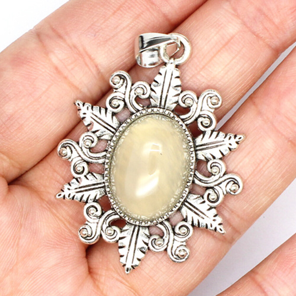 Natural Oval Bead Flower Leaves Pendant Stone Crystal Jewelry Healing Gift Reiki