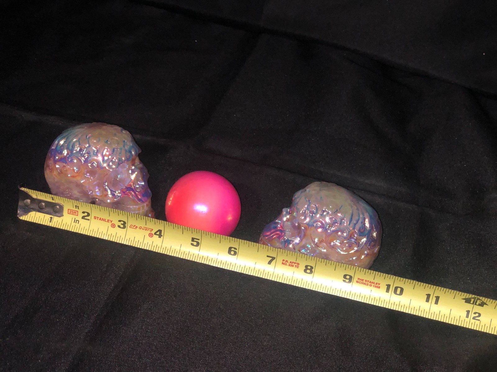 BEAUTIFUL DECOR 2 QUARTZ SKULLS WITH ELECTRO AURA PLATING AND PINK SPHERE