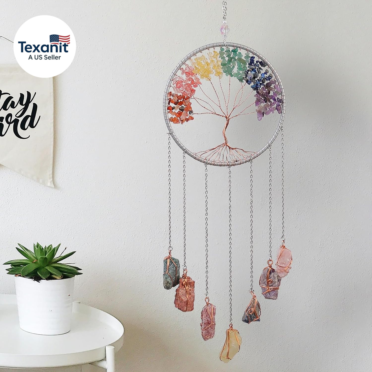 Tree of Life Dream Catcher 7 Chakra Crystal Gemstone Wall Hanging