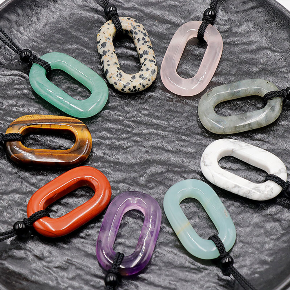 Hollowed Oval Necklace Natural Crystal O Shape Gemstone Pendant Carved Handmade