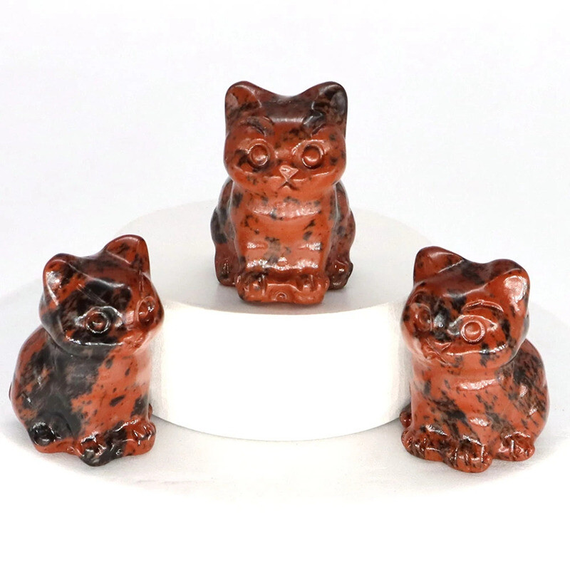 Natural Red Obsidian Quartz Crystal Felines Carved Lucky Cat Healing Mini Mscot