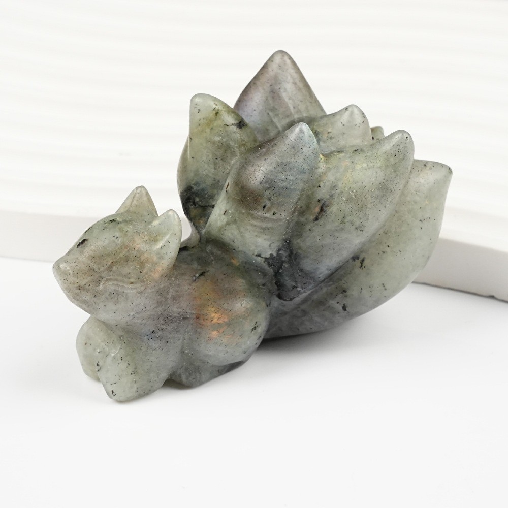 Natural Crystal Nine‑Tailed Fox Carving Statue Reiki Healing Desk Decor Gift
