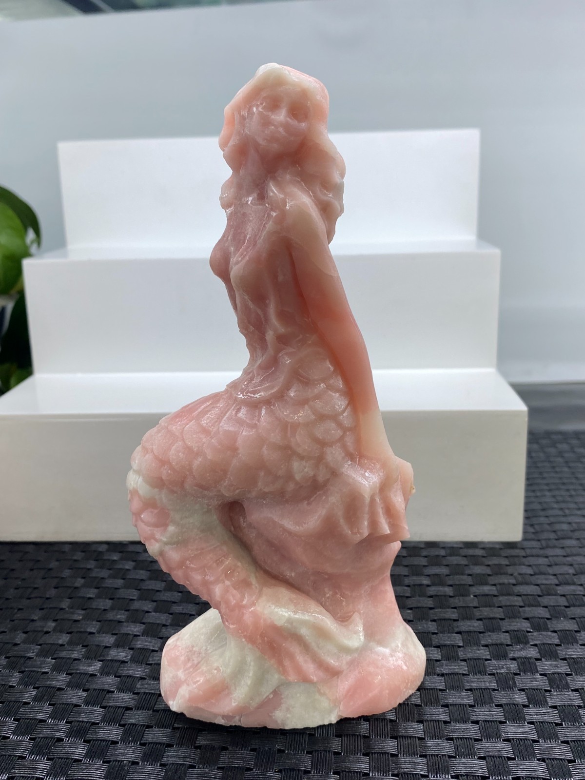 6.2” Natural Pink Opal mermaid skull Carved Quartz Crystal reiki healing gift