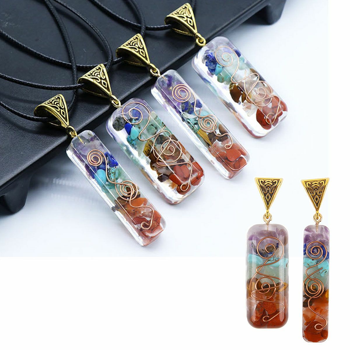 7 Chakra Gemstone Orgone Energy Generator Pendant Copper Coil Orgonite Necklace