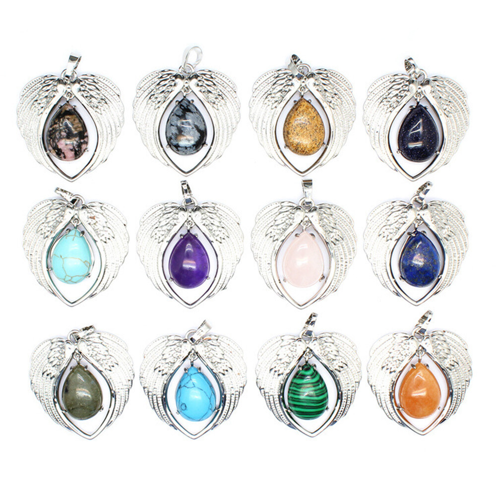 Natural Crystal Heart Angel Wing Pendant Chakra Stone Quartz Oval Drop Necklace