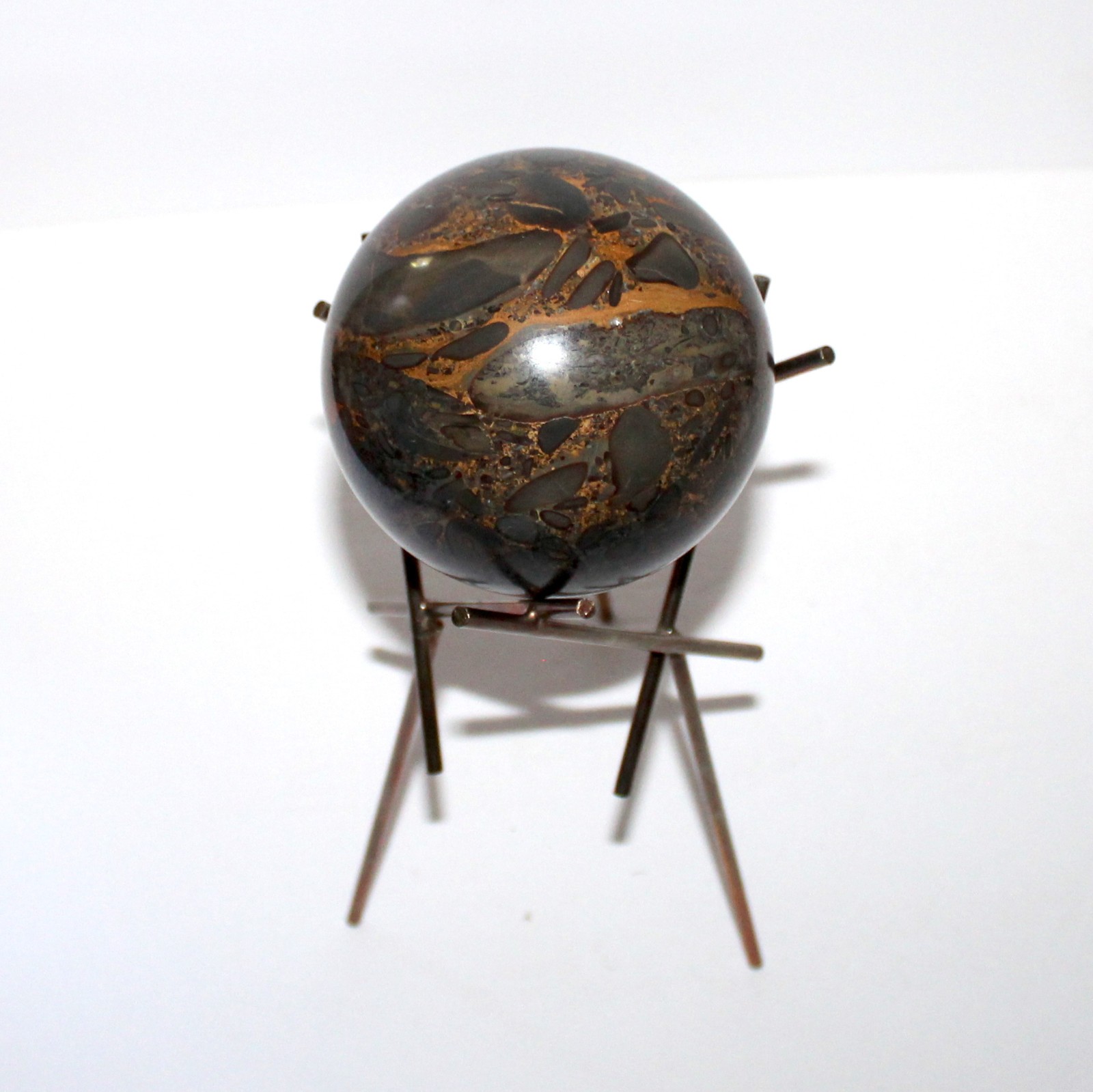 Vintage Bamboo Jasper Sphere 4” on brass Stand MCM decor stone ball 3lb 9oz