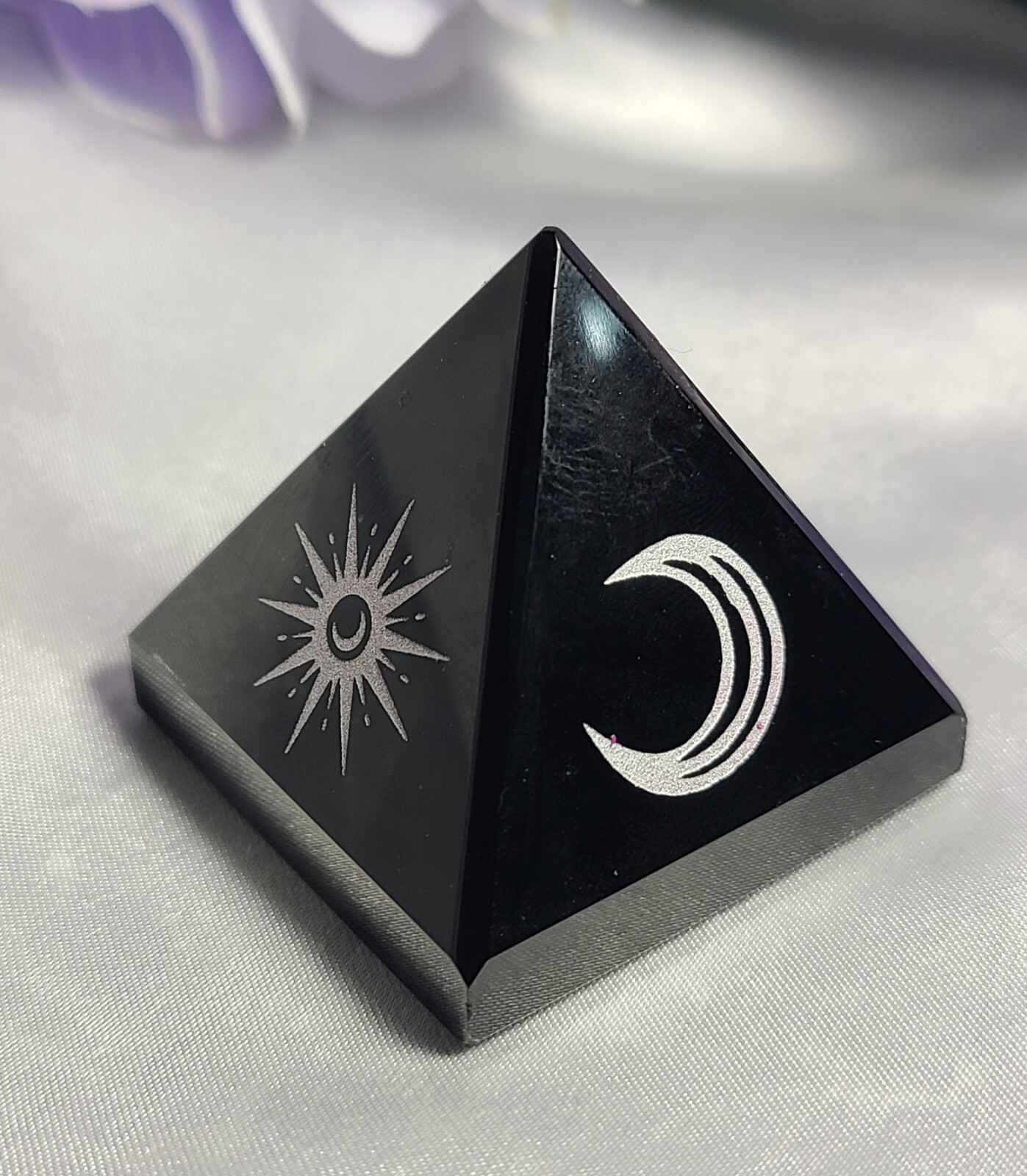 1.7″ Black Obsidian Sphere Crystal Pyramid Silver Engraved Moon & Stars Wiccan