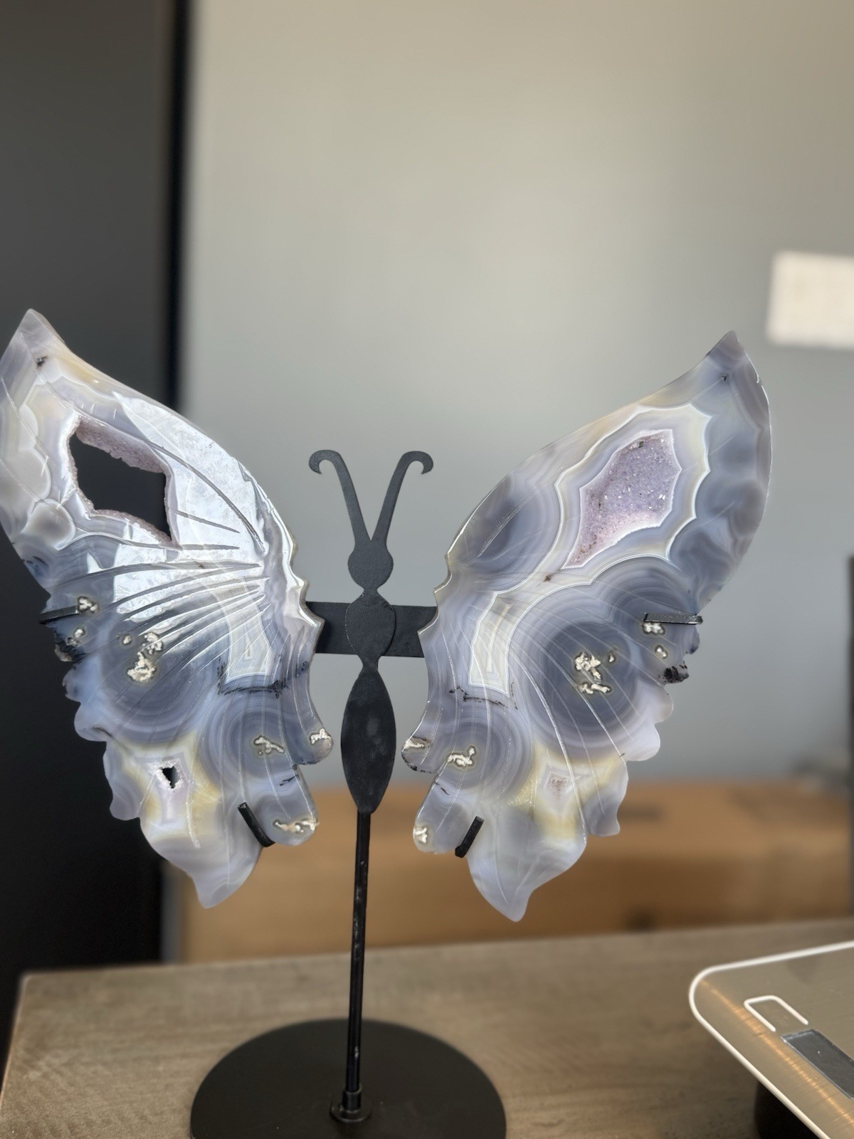 Blue Agate Druzy Butterfly Wings With Stand 1.92 lbs
