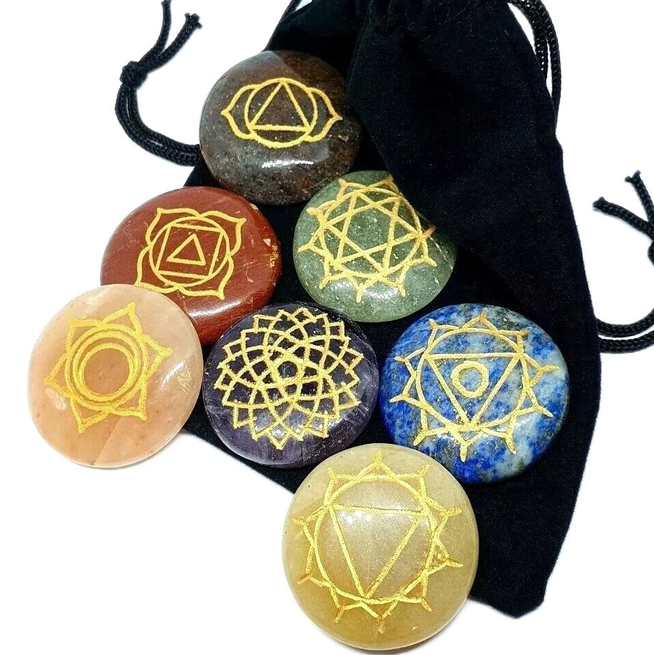 7 Chakra Gemstone Set Genuine Crystal Healing Reiki Round Set Carved Stone & Bag