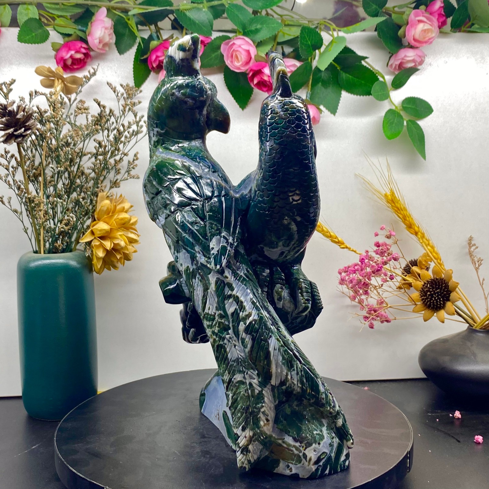 7.71LB Natural blue pattern quartz hand carved flower magpie crystal restoration