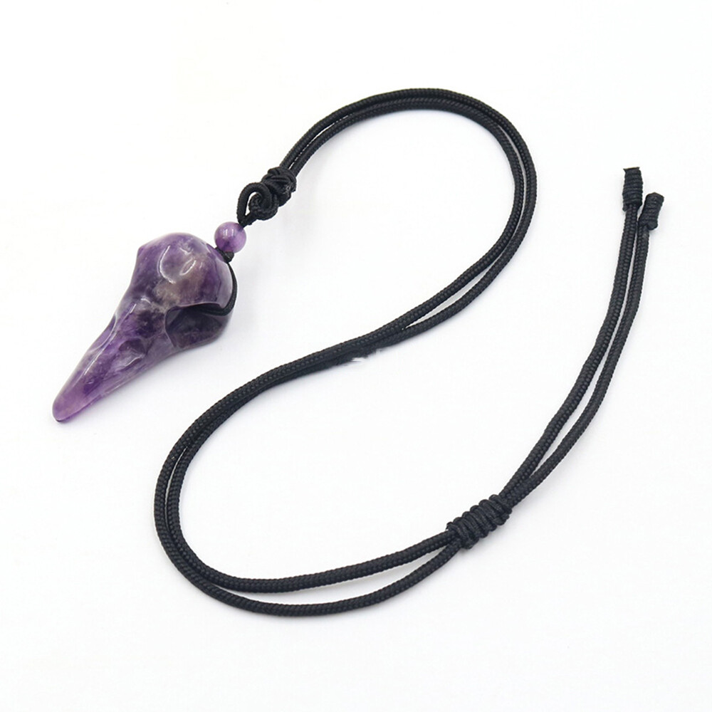 Natural Crystal Crow Head Bird Skull Hand Necklace Carving Quartz Stone Pendant
