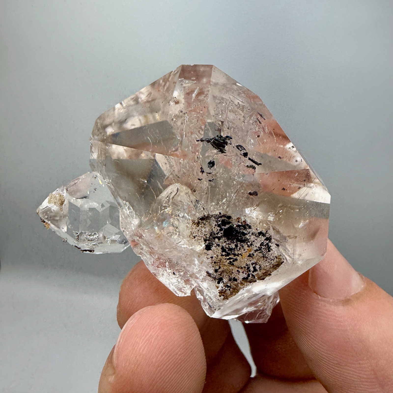 Enhydro Herkimer Diamond Gem Cluster w/ Moving Gas Bubble, Light Smoky Phantoms