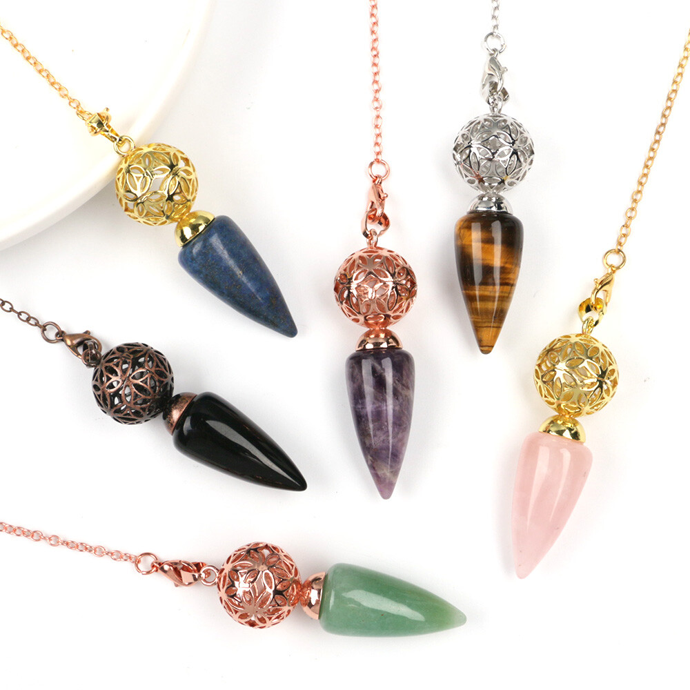1pc Bullet Cone Crystal Chakra Chain Pendulum Quartz Stone Metal Dowsing Pendant