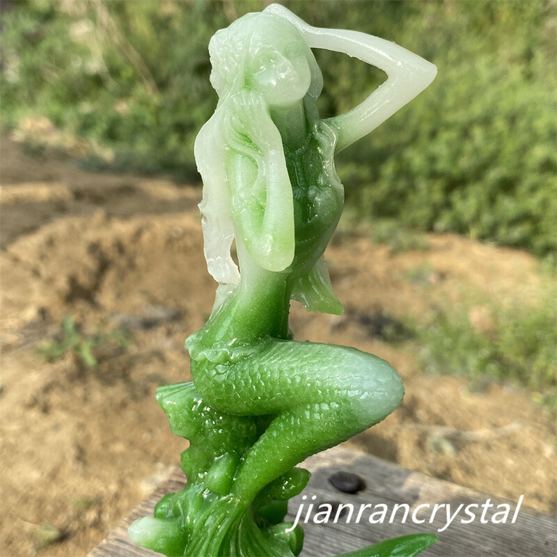 4″ Green Luminous Stone Quartz Hand Carved Mermaid Crystal Skull Reiki Healing