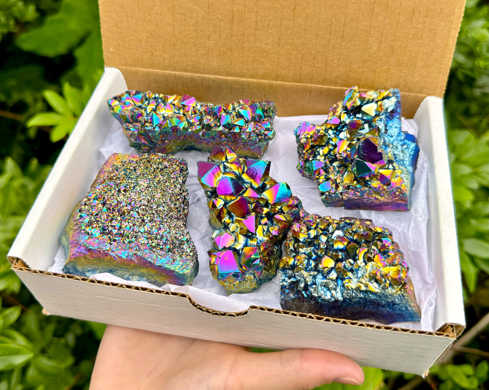 Rainbow Aura Amethyst Clusters: 5-6 Piece Box (Titanium Aura Amethyst Crystals)