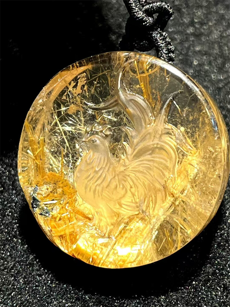 25g Top Natural Clear Gold Rutilated Quartz Crystal Carved Pendant holiday gift