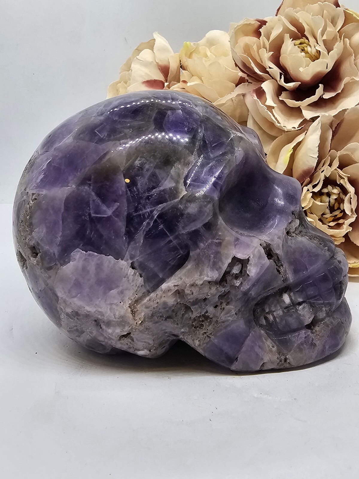 Large Chevron Dream Amethyst Skull carving crystal purple 734g 9x7x6cm