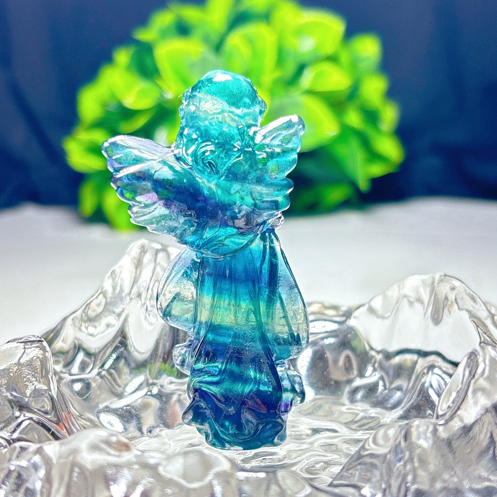 1PC Natural rainbow fluorite carving angel quartz crystal healing gift